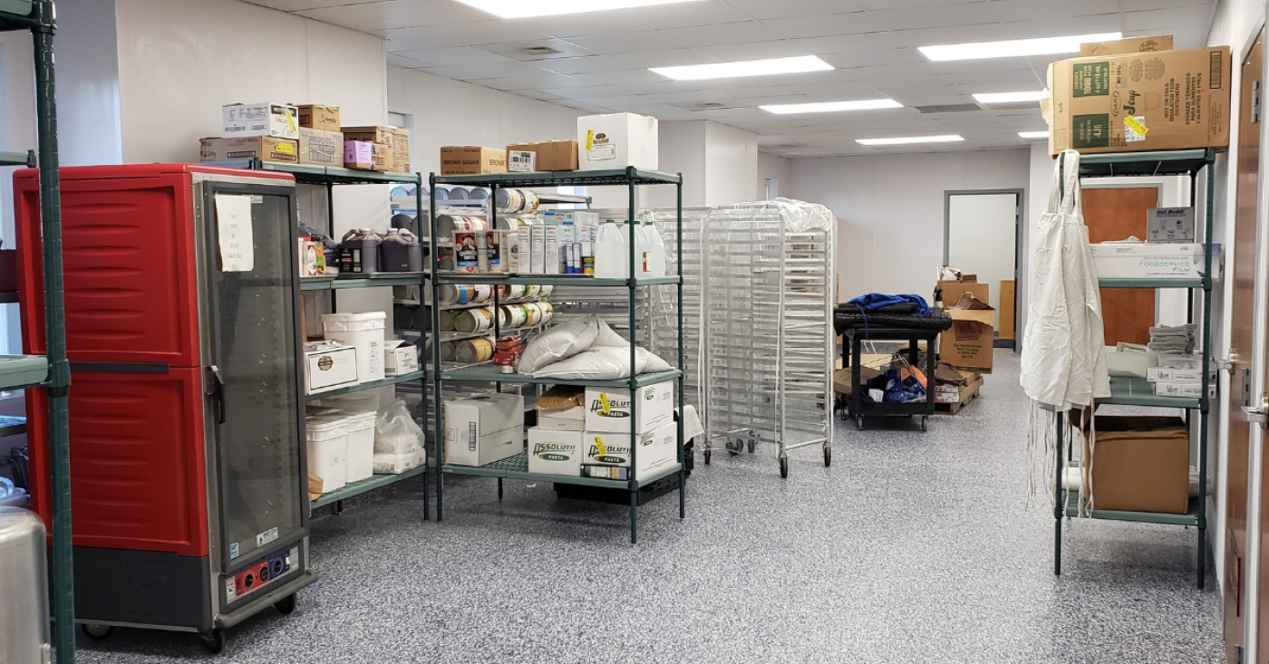 About: Kitchen dry goods storage area and racks